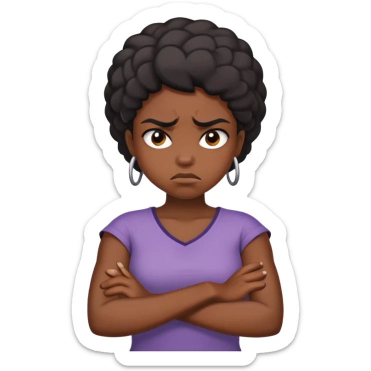 Angry Black girl with dark skin and crossed arms, frowning face sticker