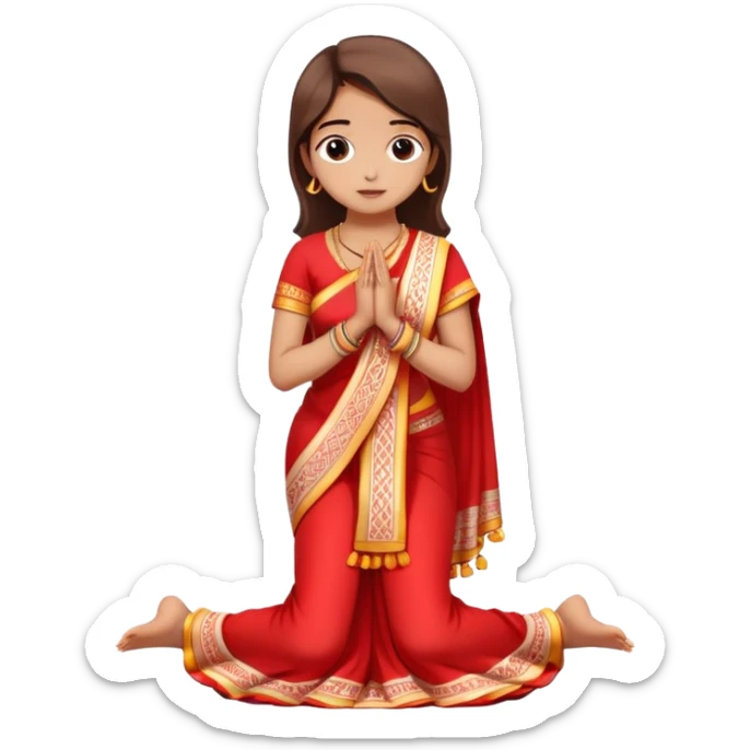 Full body Bengali girl wearing traditional red and white saree with hands joined in prayer position sticker