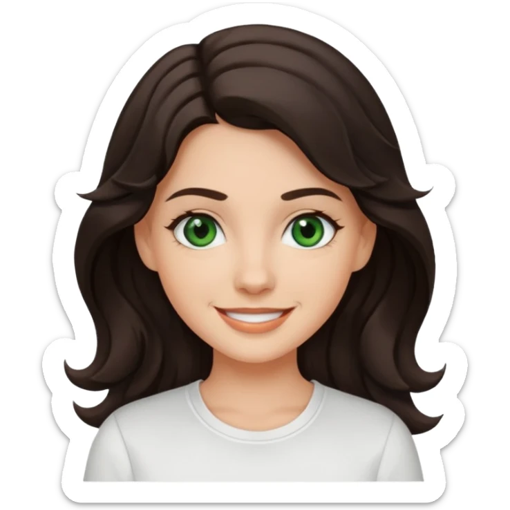 A White girl with wavy and dark hair, dark green eyes and a white shirt smiling sticker