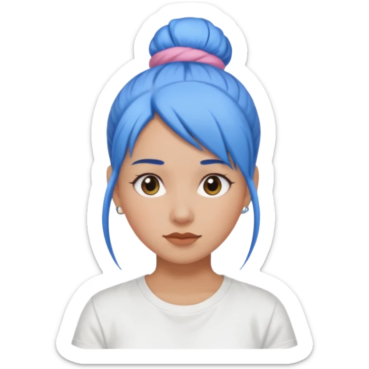 a woman with blue one bun hair, wearing white t-shirt sticker