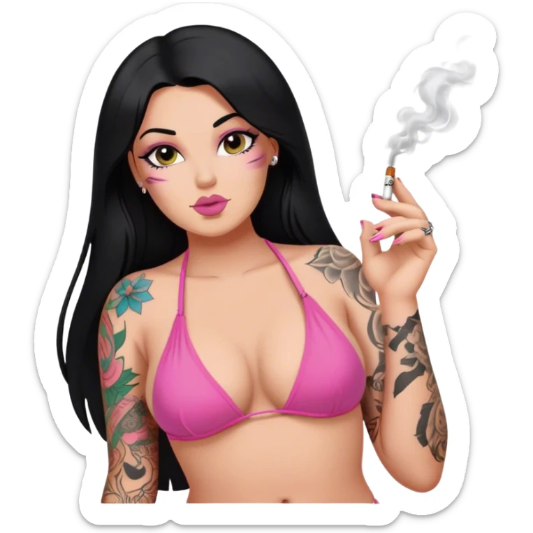 caucasian curvy girl, with tattoos, in pink bikini, smoking, with a long straight black hair  sticker
