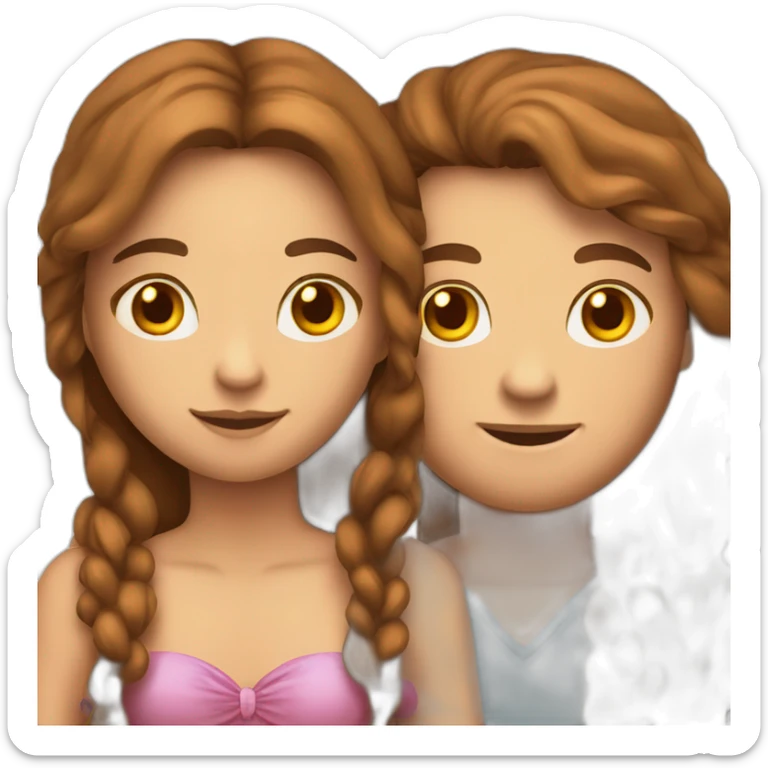 couple in love holding hands. She has long brown hair with a face with freckles and long eyelashes. hair loderno cut half slanted eyes sticker
