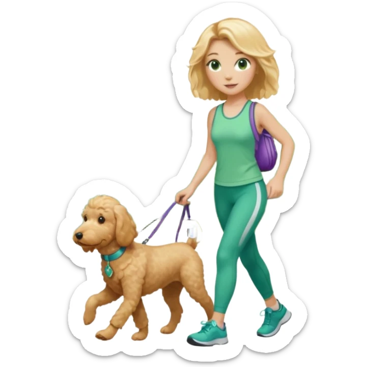 Girl with shoulder length, blonde hair, green eyes, and fitness clothes, walking a golden doodle sticker