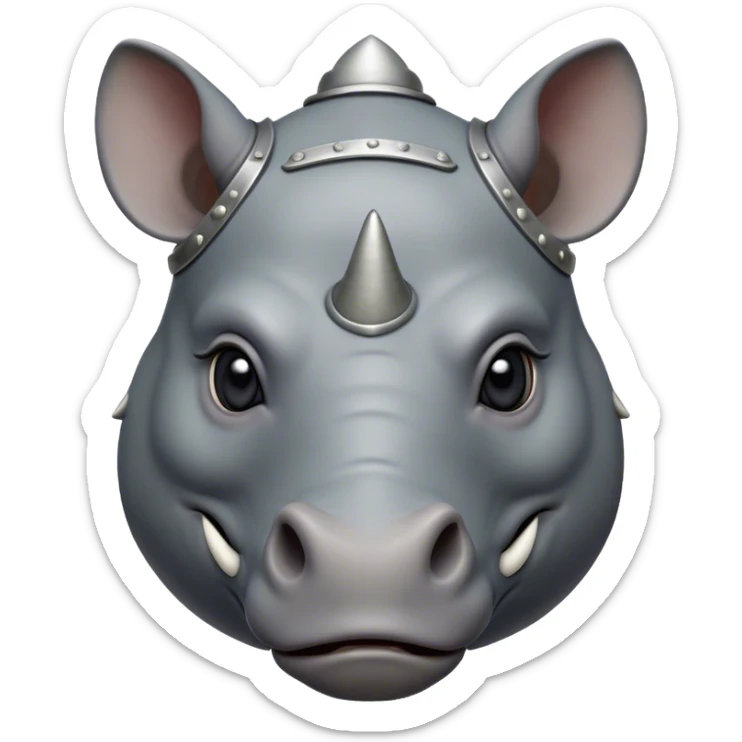 Cinematic Noble Rhinoceros Portrait Emoji, Poised and regal, with a massive, powerful build and a thick, armored hide of slate gray, deep-set soulful piercing eyes, Simplified yet sharp and sophisticated features, highly detailed, glowing with a soft, dignified glow, high shine, intelligent and formidable, stylized with an air of ancient might, focused and attentive, soft glowing outline, capturing the essence of a watchful and commanding behemoth, so majestic it feels as though it could charge out of the screen with effortless authority! sticker