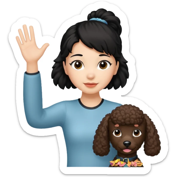 Ponytail black hair girl with brown Poodle say goodbye  sticker