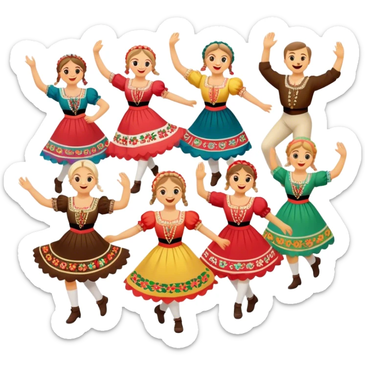 Cinematic Realistic Mazurka Dance Emoji, depicted as a lively traditional Polish folk dance scene with colorful costumes and spirited movement, rendered with dynamic textures and vibrant festive lighting that captures its rhythmic energy. sticker