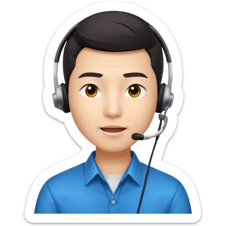 A young Asian man with smooth light skin, dark hair that swoops upward in the front, expressive eyes, a clean-shaven face, and a call-center style headset over one ear, flamboyent  sticker