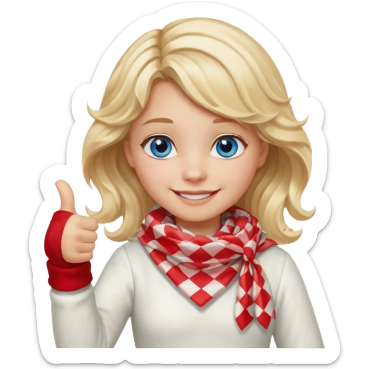 Blonde Girl Model, Blue Eyes, wavy hair, smiling, thumbs up, wearing red Checkered Triangle scarf, white dress sticker