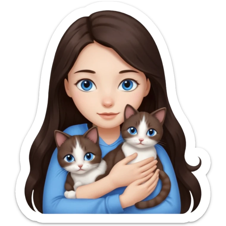 a pretty girl with long dark 
brown hair, with blue eyes, hugs 3 different natural coloured small cats sticker