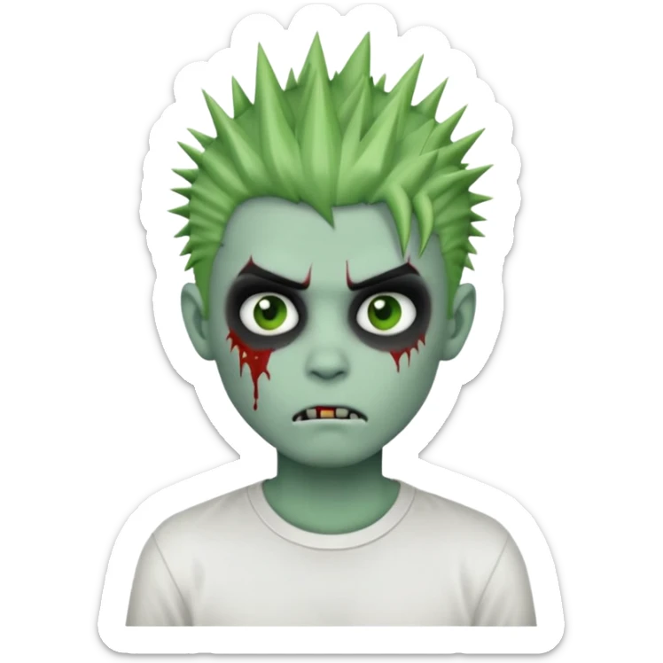 zombie boy with spiky emo hair, white shirt, green skin, classic apple emoji style sticker
