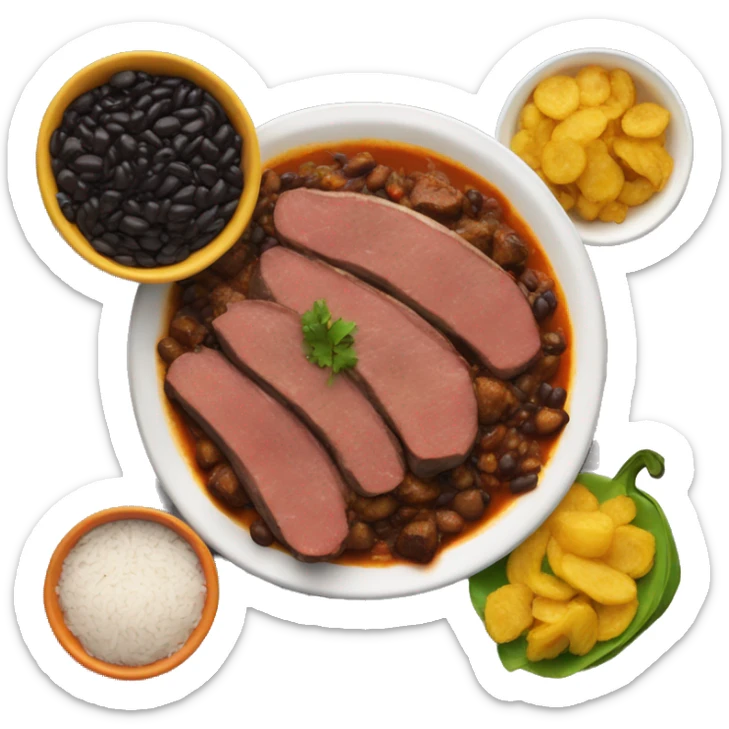 A plate with cooked meat in sauce , rice and fry plantains and black beans sticker