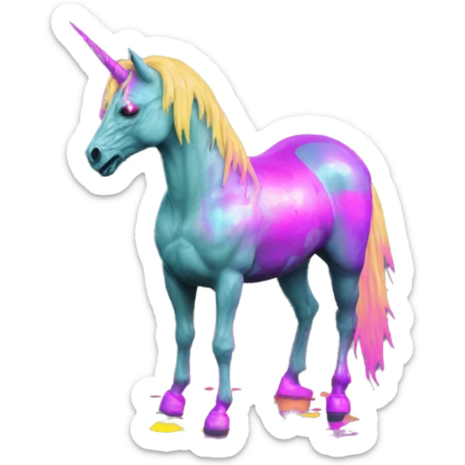 .Zombie_ Vaporwave black holographic oilslick zombie unicorn yellow caution tape sticker