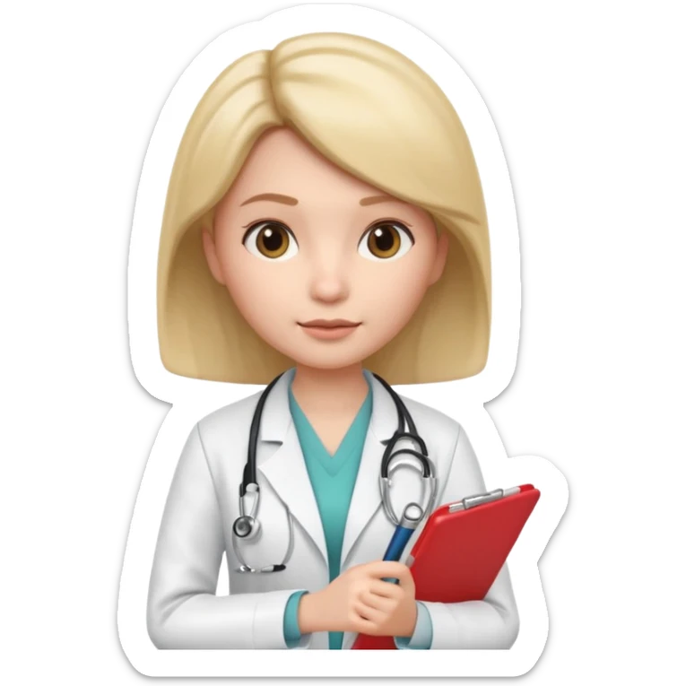 3D memoji female doctor holding clipboard and pen, slightly strict but kind facial expression, educational vibe, white medical coat, isolated PNG sticker