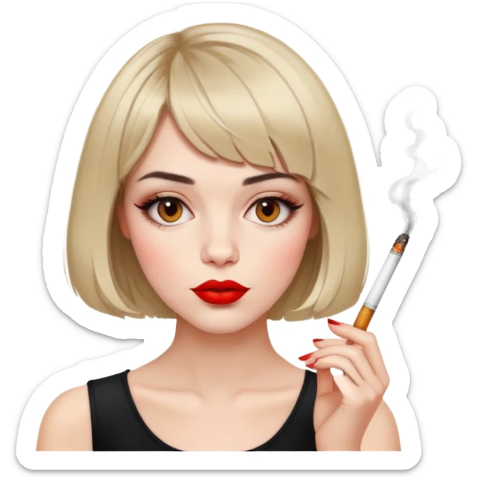 Alluring French girl french bob haircut tousled hair red lips and cigarette sticker