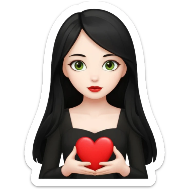 Pale girl with long black hair and olive green eyes wearing black dress and holding a heart sticker
