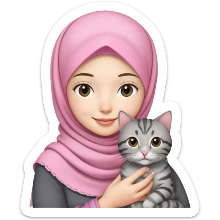 Asian white girl wearing pretty pink hijab holding a black grey tabby cat with smiling sticker