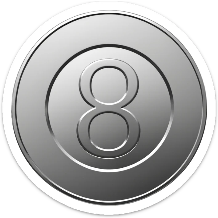 Emoji icon of a metal coin with engraved number 8, minimalist style, isolated, only metal color sticker
