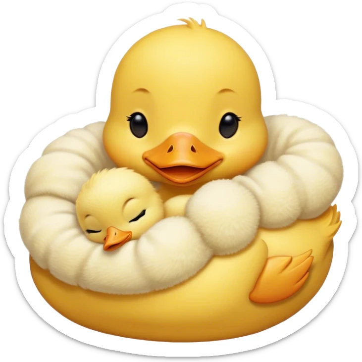 Meme-Worthy Cute Sleeping Yellow Baby Duck Portrait Emoji, Head resting peacefully with a contented smile, showcasing a delightfully tiny build and a luxuriously soft bright yellow downy coat, eyes shut in a serene, restful nap, Simplified yet hilariously adorable features, highly detailed, glowing with a soft, drowsy light, high shine, relaxed and utterly lovable, stylized with an air of playful laziness, bright and heartwarming, soft glowing outline, capturing the essence of a comically sleepy duckling, so meme-worthy it feels like it could instantly become the next viral sensation of adorable slumber! sticker