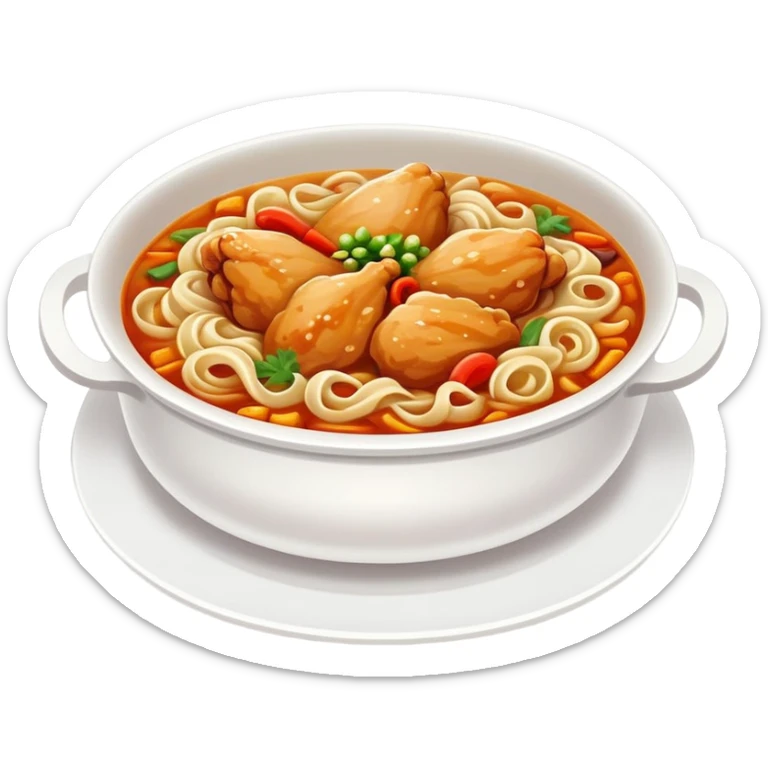 Xinjiang Big Plate Chicken with wide noodles in large dish, simplified emoji style with bold outlines and bright colors, cartoon style spicy chicken stew sticker