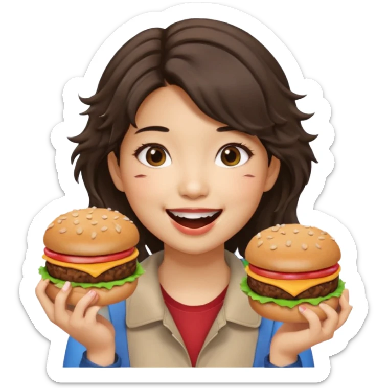 create a humongous asian girl with 2 burgers and a cookie in her mouth sticker