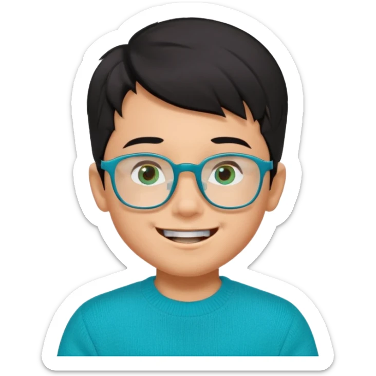Chico de 7 años, pelo negro y repeinado pero con volumen hacia arriba, piel marrón clarito, gafas cuadradas azules, sonriente y sin 1 diente, jersey verde turquesa y ojos muy rasgados, Y NO redondeados sticker