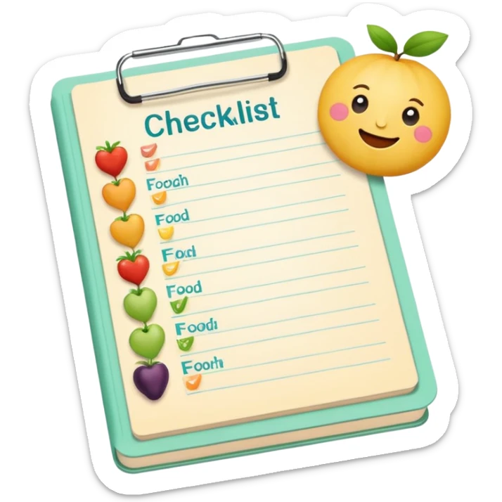 Emoji of checklist notebook with healthy food icons, nutrition planning, flat minimal emoji, pastel colors sticker