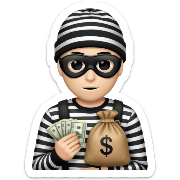burglar with black and white striped shirt, black beanie, black mask over eyes, holding a moneybag sticker