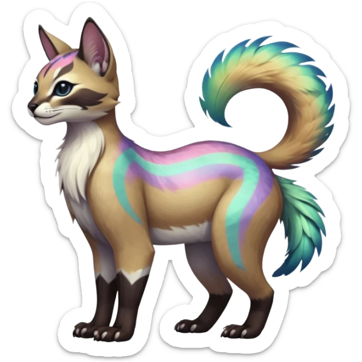 Colorful dark tropical feathery tribal pale light fruity pastel white glorious iridescent divine exotic cute cool beautiful beautiful fantasy-caracal-civet-genet-sergal-vernid-Gryphon-Cacomistle-Trico-oncilla-animal-Fakémon-hybrid-fursona (full body) sticker