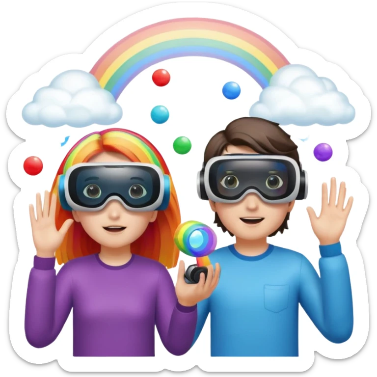 Human girl and boy Show a VR headset or AR glasses, symbolizing the immersive hair experience. Include virtual objects or a 3D scene floating in the air in front of rainbow Make the background transparent. sticker