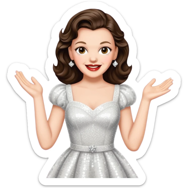 Judy Garland with long dark brown hair, white sequin dress sticker
