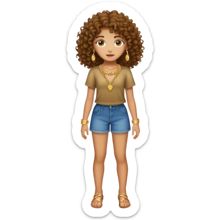 Full body teenage girl with curly brown hair, choni style with gold jewelry sticker