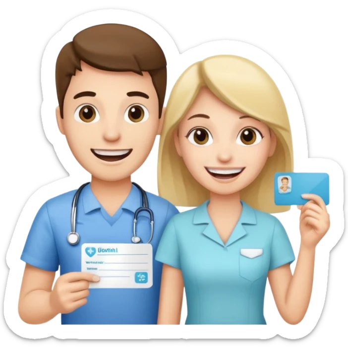 a cheerful young man and woman, carrying a dental appointment card, going to the dentist sticker