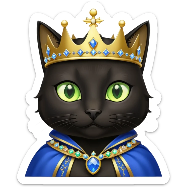 black cat with brilliant neon green eyes wearing a royal blue cape trimmed in gold and a crown with jewels sticker