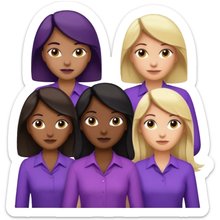 Group of reproductive age women 25-50 of all races with light, medium, dark and very dark skin tones. Blond, brown, black hair color with various purple blouses and shirtys. 10 per image sticker
