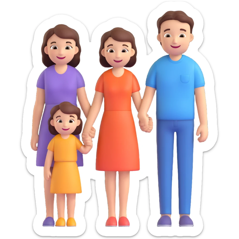 3D icon of a family: two parents and two children, holding hands, cheerful and inclusive sticker