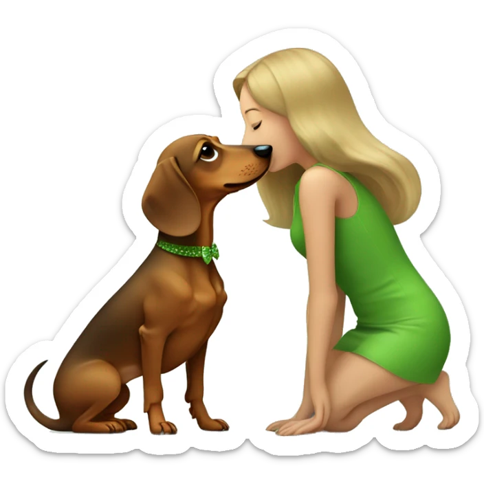 Dachshund  and dark blond girl with green yeas kissing dog sticker
