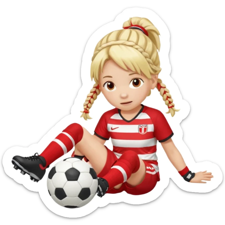 Chica de pelo rubio tirada en el suelo boca abajo agarrando un balón con las manos vestida con una equipación de color rojo y blanco con líneas y con unas botas de tacos de fútbol, con un bucal en la boca y el pelo con trenzas sticker