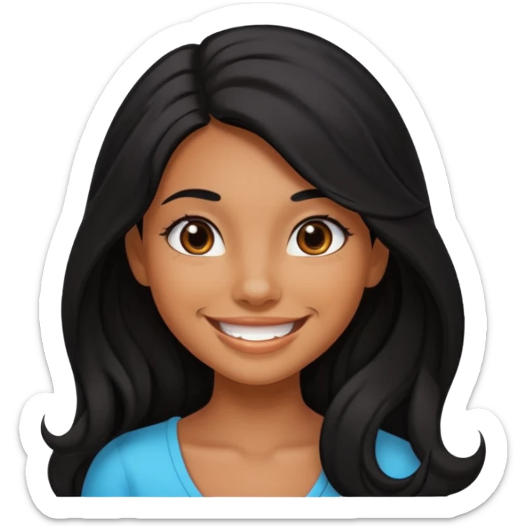 A tanned girl with long black hair, a dimple on her left cheek, and a big smile sticker