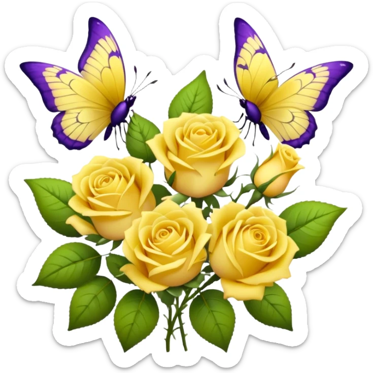 Bouquet of yellow roses. Purple butterflies are flying near it.  sticker