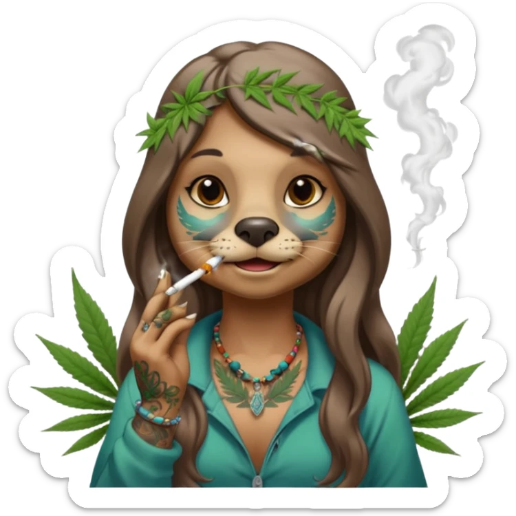 a female otter with long hair smoking a joint surrounded by marijuana fumes. a bit california hippy vibe, with tattoos and piercing sticker