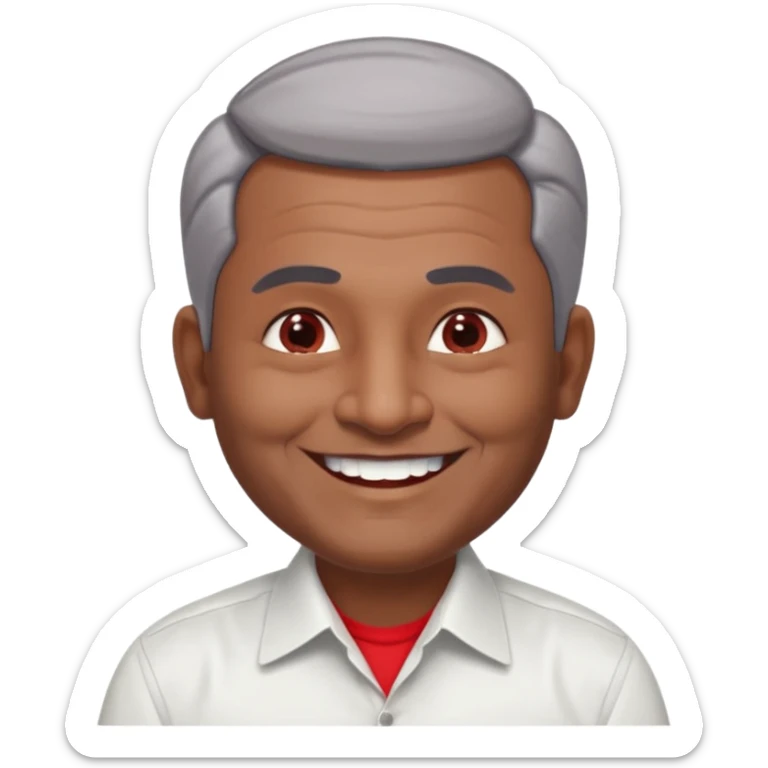 50 yr old indian man, dark skin, grey hair, big smile, white teeth, chubby, no moustache, clean shaven, young style hair, hair brushed back, 5 oclock shadow, bindy on forehead, dress shirt, red dot sticker