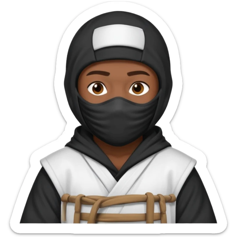 All white ninja robe with no black with white ski mask to cover face and neck with a hoodie on and dark brown skin color sticker