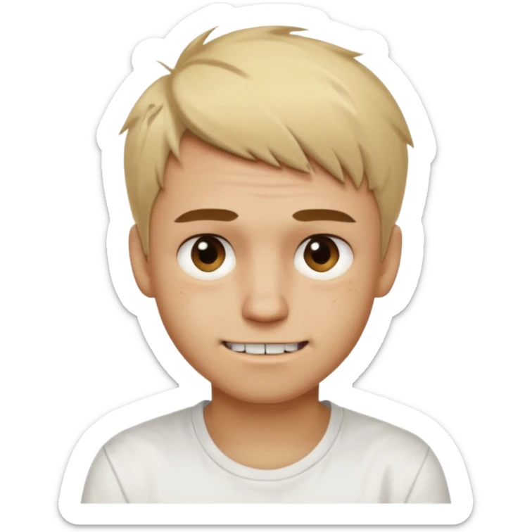 Male with short, messy blonde hair, large expressive golden-brown eyes, light brown skin, subtle facial bruises and scratches, crooked smile showing slightly damaged teeth, wearing a plain white t-shirt, friendly but creepy expression. sticker