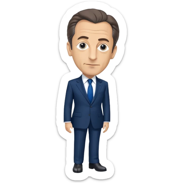 figure of Nicolas Sarkozy with an oversized head and small body, standing, wearing a navy suit and blue tie, highly recognizable face, simplified details sticker