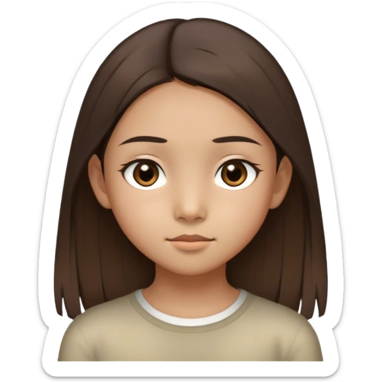 A thin 10-year-old Asian girl with straight brown hair below her shoulders, two distinctly light strands framing her face, large dark brown eyes, olive skin, and light brown, not narrow eyebrows. sticker