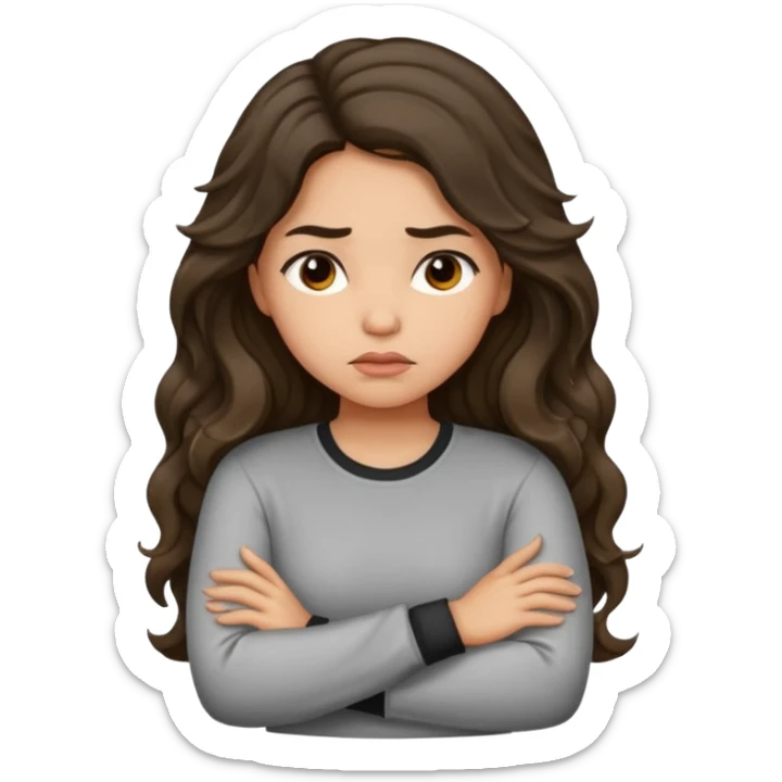 Hispanic light tan girl with long dark wavy hair with arms folded and pouting slightly. Wearing a long sleeve. sticker