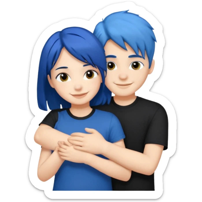 Happy DARK Blue hair girl hugging blue hair boy both wearing black shirts sticker
