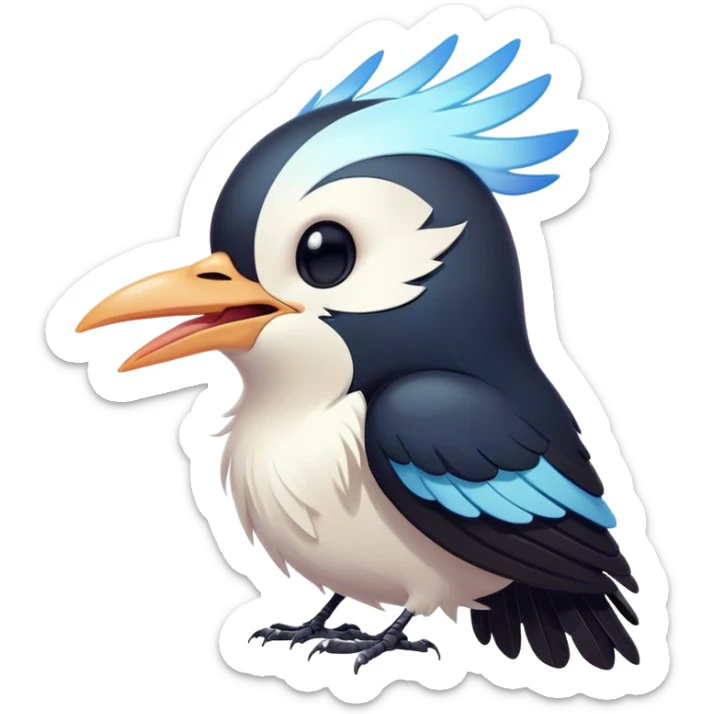 Cinematic Cute Yawning Magpie Portrait Emoji, Head tilted slightly with a dramatic, wide-open yawn, showcasing a sleek, contrasting feathered form with softly drooping wings and sleepy, half-closed eyes, Simplified yet irresistibly adorable features, highly detailed, glowing with a soft, cozy urban glow, high shine, relaxed yet expressive, stylized with a dash of whimsical charm, soft glowing outline, capturing the essence of a drowsy yet affectionate magpie that appears ready to stretch out for a nap! sticker