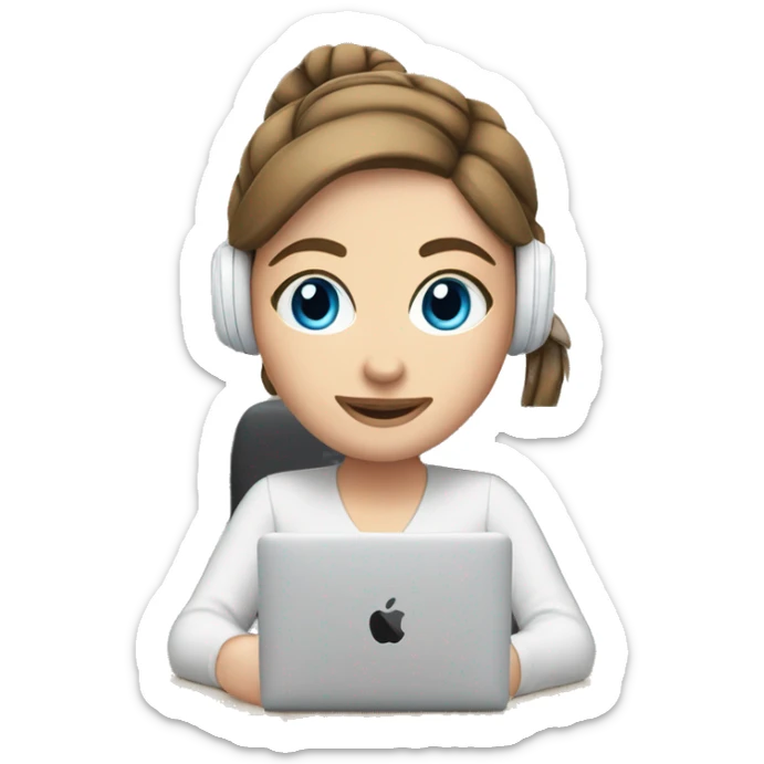 white girl at desk, brown hair, ponytail, blue eyes, computer, airpods sticker
