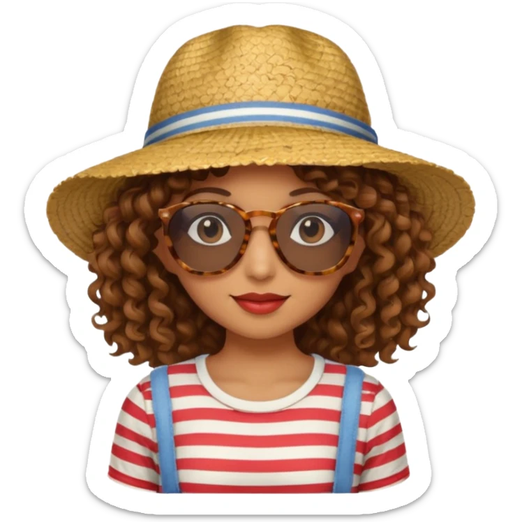 curly hair woman with striped clothing sun glasses and straw hat sticker